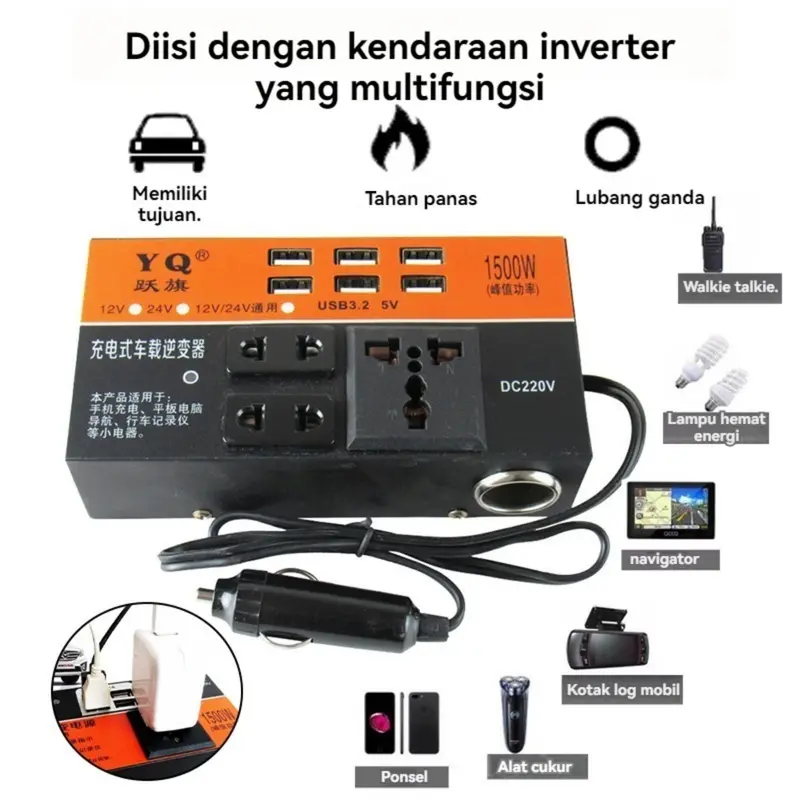 1500W DC Portable USB Car Power Inverter Adapter With 6 USB Ports 12V/24V To AC 220V Charger Fast Charging Car Universal Socket black Paket ResellerFyur 0