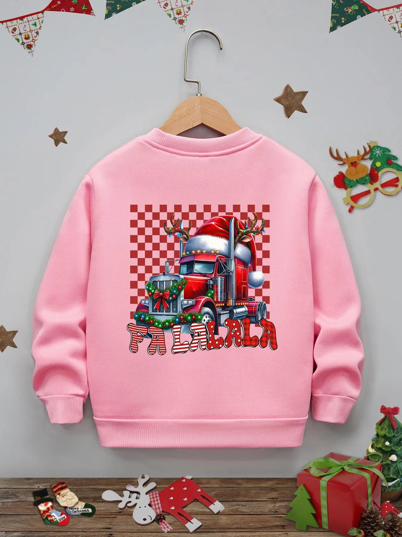 Girl's Cartoon Christmas Car Print Round Neck Sweatshirt, Casual Long Sleeve Crew Neck Pullover for Fall & Winter, Kids Clothes for Daily Wear