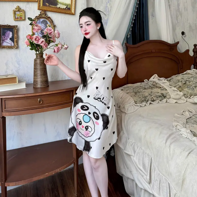 Đầm Ngủ Hai Dây Cổ Đổ Hoạ Tiết Dễ Thương Chất Liệu Lụa Latin Nhẹ Mát S1296 4