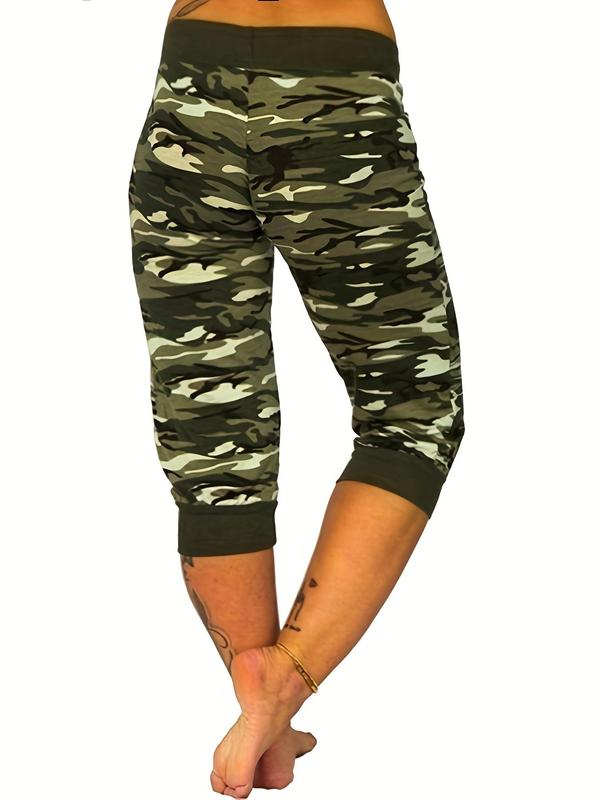 Plus Size Camo Print Drawstring Waist Capri Pants, Fashion Casual Pocket Jogger Pants for Daily Outdoor Wear, Women's Bottoms for Summer, Summer Clothes 1
