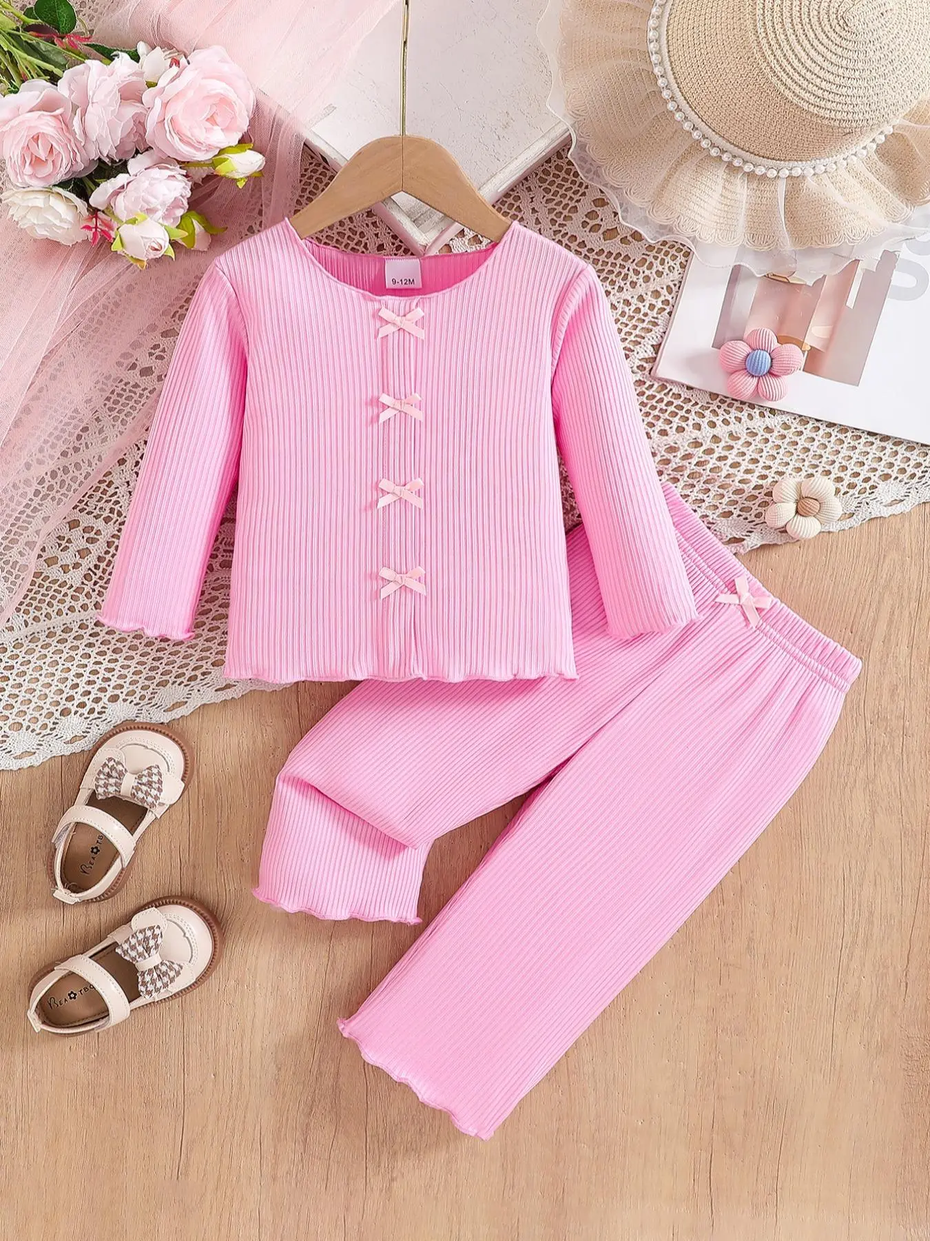 Two-piece Set Girl's Solid Bow Decor Top & Pants Set, Cute Long Sleeve Round Neck Top & Pants for Spring & Fall, Kids Clothes for Daily Wear