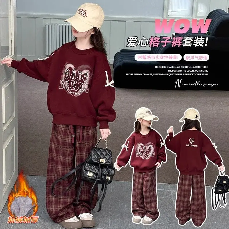 Quần Áo Thu Đông Cho Bé Gái, Hàng Mới Về 2024, Phong Cách Phương Tây, Quần Áo Nữ Và Thanh Thiếu Niên, Mùa Đông, Đệm Nhung, Áo Len Dày, Bộ Quần Dài Rộng Lưới
