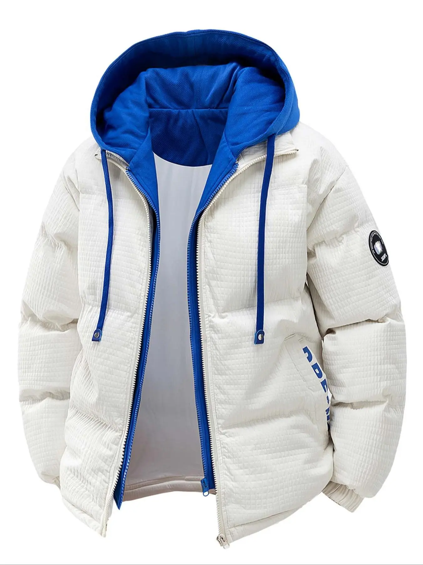 Men's Colorblock 2 in 1 Patched Drop Shoulder Hooded Jacket, Regular Fit Casual Drawstring Pocket Zipper Long Sleeve Outerwear for Fall & Winter, Men's Clothes for Daily Wear