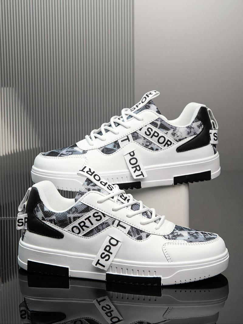 Product Introduction of Men's Fashionable Patchwork Print Lace Up Low Top Sneakers, Casual Comfortable Sports Shoes for Daily Wear, Male All-match Round Toe Shoes for Daily Wear, Closed 4