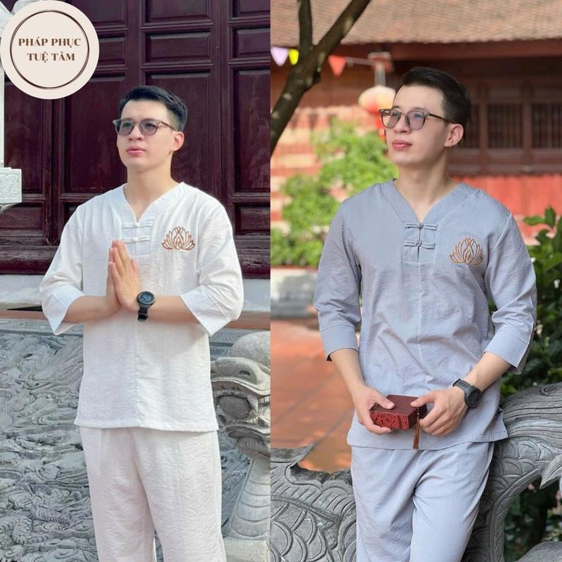 Bộ đồ đi lễ chùa cho nam chất liệu vải đũi cao cấp thêu bông sen - Pháp Phục Tuệ Tâm Áo Quần Trắng Menswear