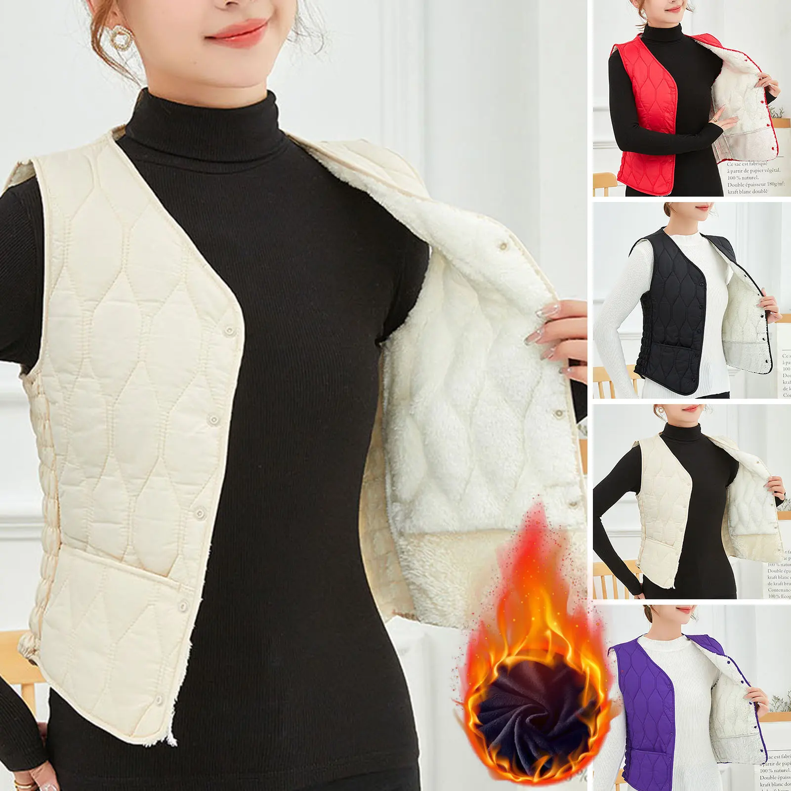 Áo Khoác Vest Mùa Thu Đông Cho Nữ, Áo Khoác Không Tay Có Đệm Dày Và Mềm Mại, Áo Cardigan Cổ Chữ V Một Hàng Khuy Màu Trơn, Áo Khoác Mỏng Vừa Vặn Có Túi Ấm Áp, Áo Ghi Lê Nữ