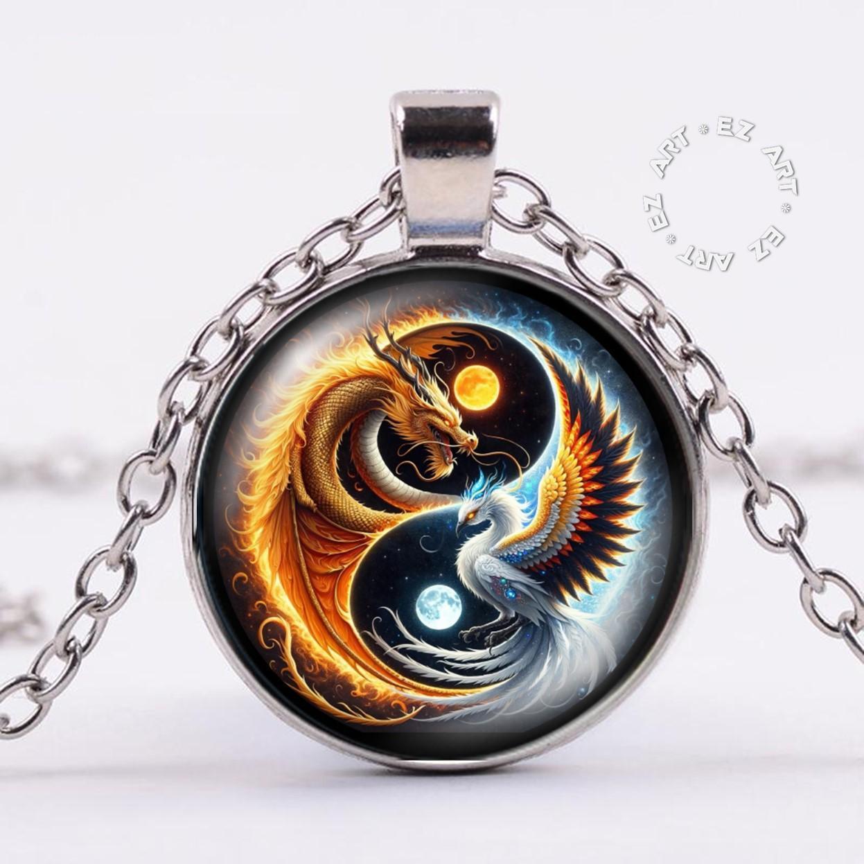 Kalung Liontin Yin Yang Art Kaca Cembung Tali Kulit Rantai Stainless Steel