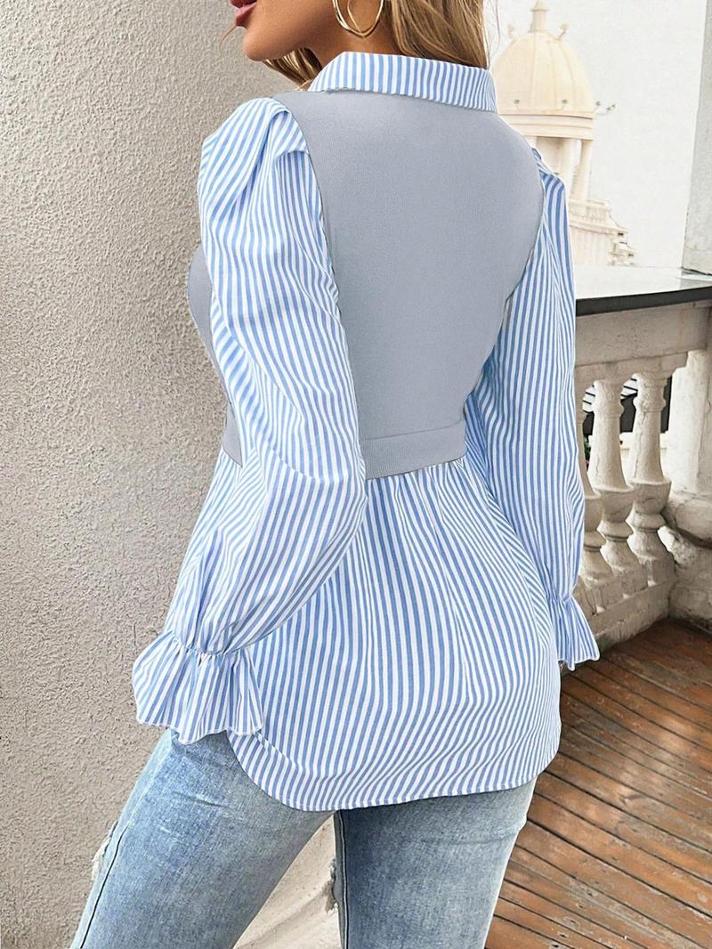Product Introduction of Women's Striped Print Blouse, Elegant Long Sleeve Collared Top for Spring & Fall, Women's Clothing for Daily Wear 7