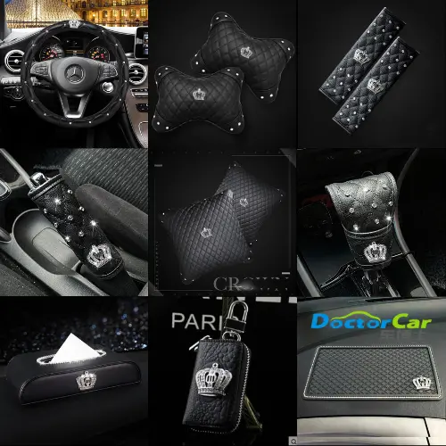 Edisi Mahkota Berlian Cover Stir, 2pcs Bantal Leher, 2pcs Cover Seat Belt, Cover Rem Tangan, Cover Persneling, Tempat Tisu, Dompet STNK, Anti Slip 26x14, 2pcs Bantal Pinggang