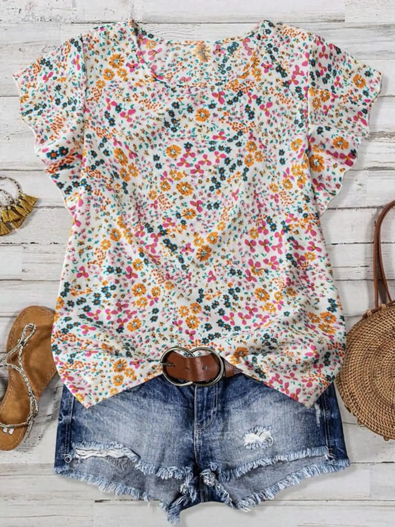 Women's Floral Print Blouse, Casual Short Sleeve Top for Daily Wear, Ladies Clothes for All Seasons