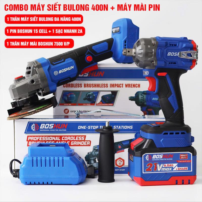 Combo Máy Bulong BOSHUN BS-IW400N Và Máy Mài BOSHUN AG7500BL , Không Chổi Than, Đầu Bulong 2 in 1, Động Cơ Đồng, 1 Pin 15Cell 1 Sạc