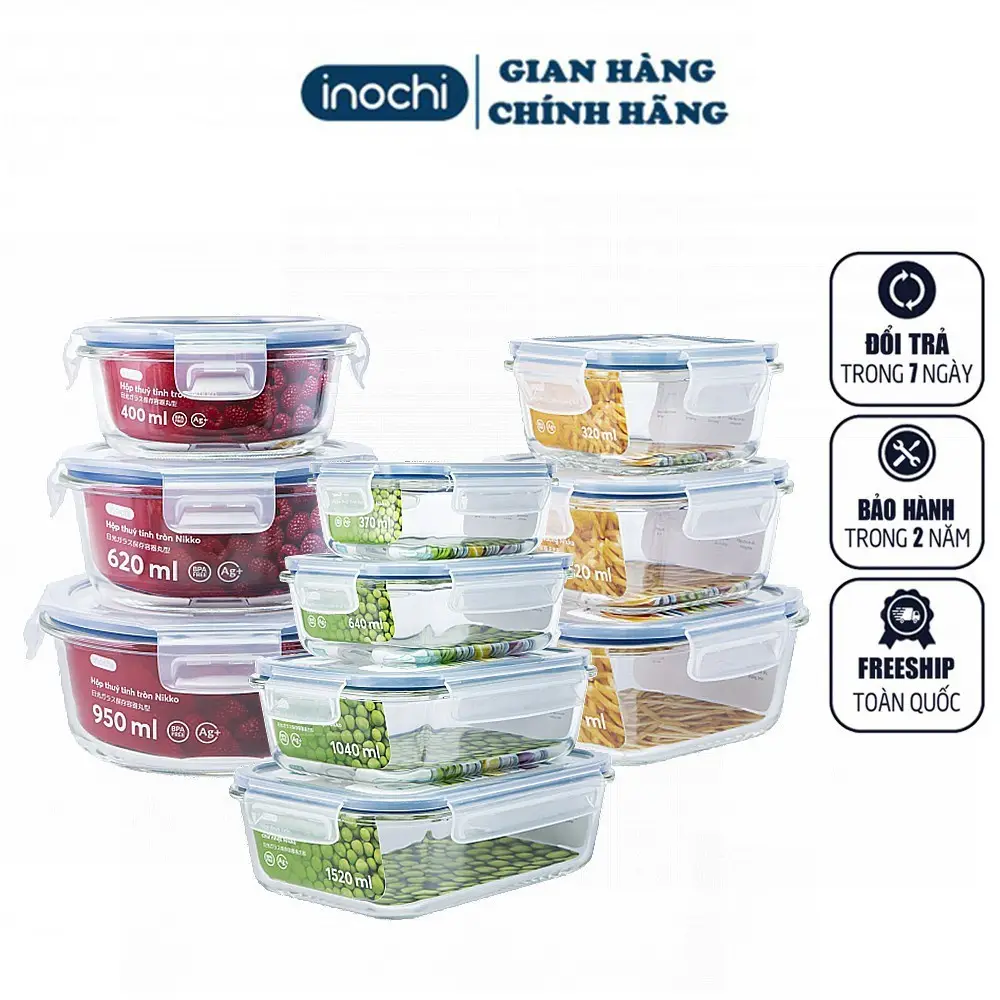 Hộp Thuỷ Tinh  Đựng -Thực Phẩm Nikko INOCHI Đồ Ăn, Thức Ăn Trong Ngăn Đá Tủ Lạnh, Bảo Quản Thực Phẩm Tươi TTVU