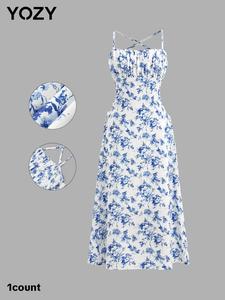 YOZY Women's Floral Print Criss Cross Cami Dress, Casual Sleeveless A Line Dress for Beach Holiday Vacation, Ladies Clothes for All Seasons, Summer Dresses