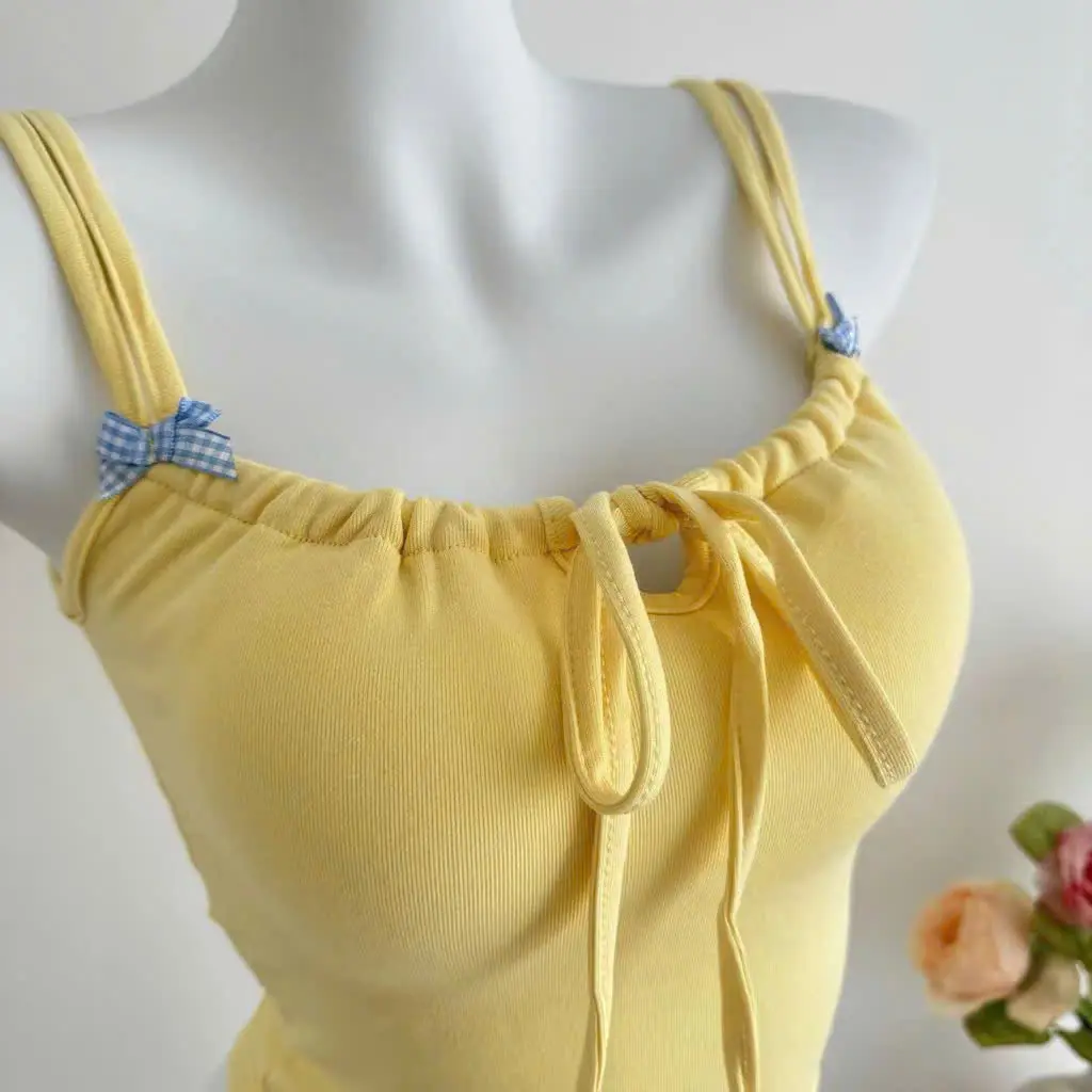 [Có Size Lớn][Hè 2026] Áo hai dây kiểu đính nơ caro nhỏ, (sẵn đệm mút) siêu cưng màu pastel, dây rút Deve1995 | BigBuy360 - bigbuy360.vn