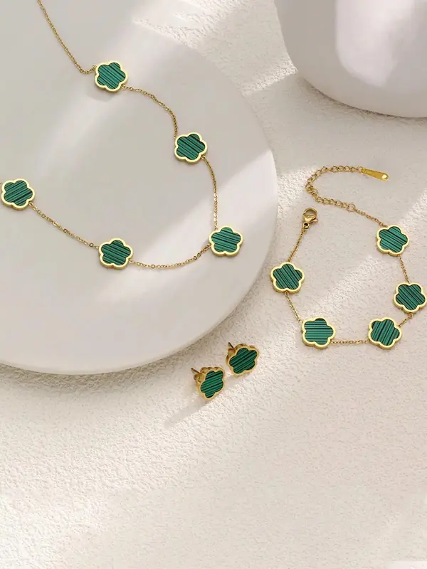 Summer 2025 Flower Design Vintage Jewelry Set, Gifts for Girlfriend, Stud Earrings & Necklace & Chain Bracelet for Party, Daily Clothing Decor, Trendy Clean Girl Jewellery for Women for Birthday Gift 6