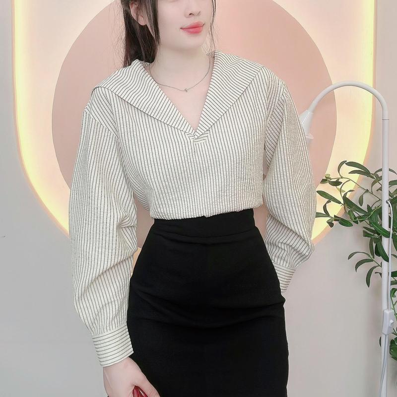 Áo sơ mi nữ thiết kế áo thủy thủ vải sọc cotton dày dặn kiểu dáng trẻ trung sơ mi nữ đi tiệc đi làm đi chơi  LAMO- B1360