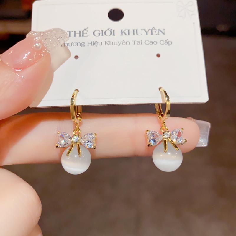 Bông Tai Nữ Cao Cấp Họa Tiết Nơ Gắn Đá Mắt Mèo, Hoa Tai Đính Đá Lấp Lánh