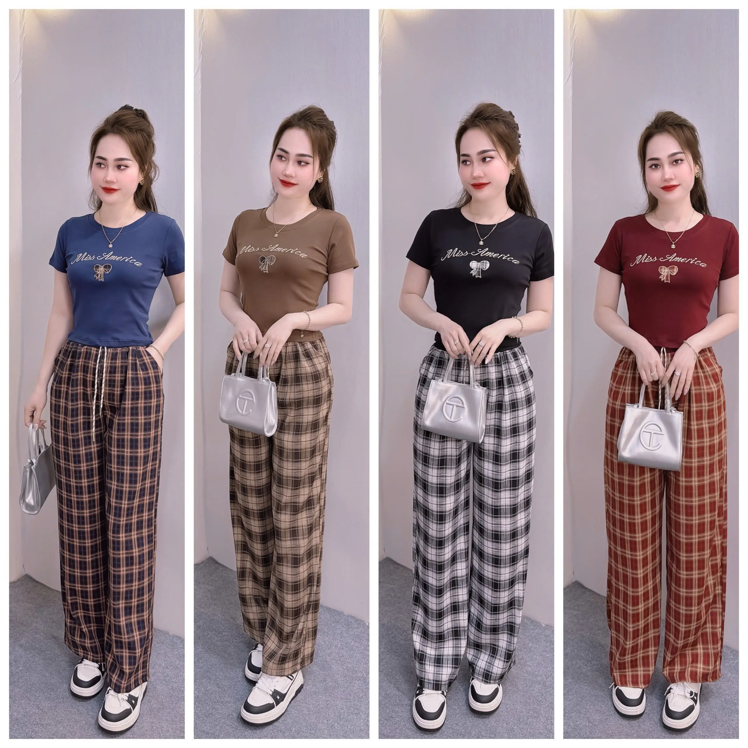 Bộ đồ hai món áo thun Nhật Miss - quần suông kẻ cao cấp - Azela 1