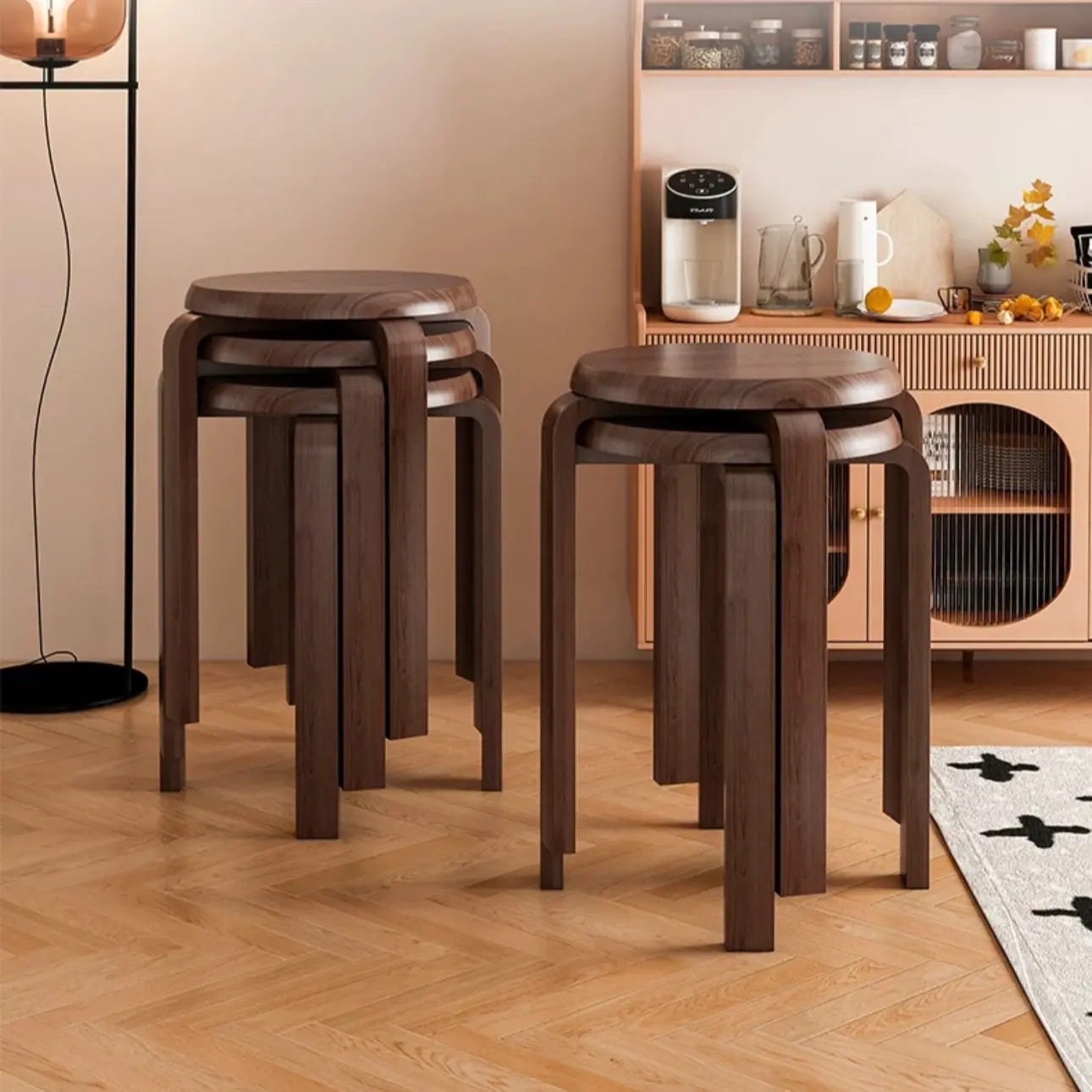 Ghế đẩu tròn 4 chân bằng gỗ sồi tối giản