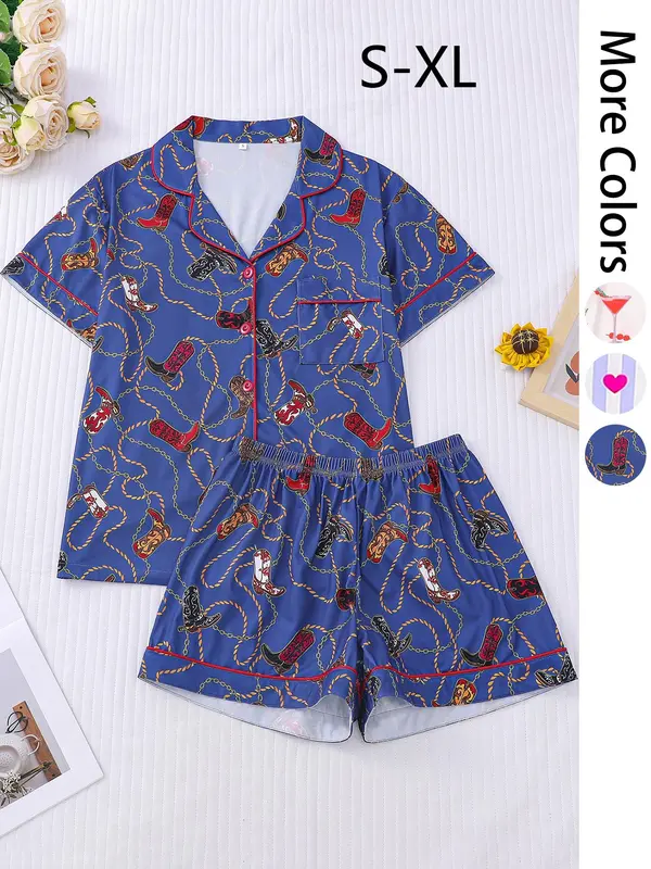 Women's All Over Print Pajama Two-piece Set, Casual Comfy Short Sleeve Top & Shorts PJ Set, Ladies Summer Sleepwear, Loungewear, Womenswear 3