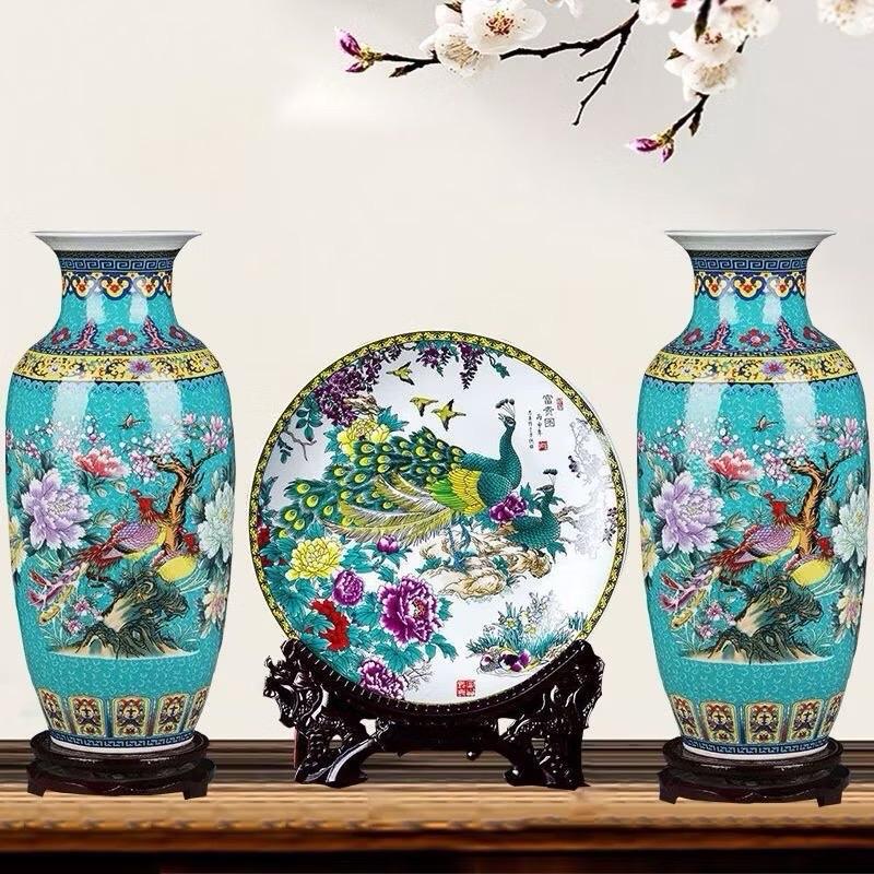 Bộ Lục Bình Gốm Sứ Phú Quý 2 Bình Kèm Đĩa Cả Đế Gỗ Cao 40CM Trang Trí Nhà Kệ Tủ Decor Phòng 2