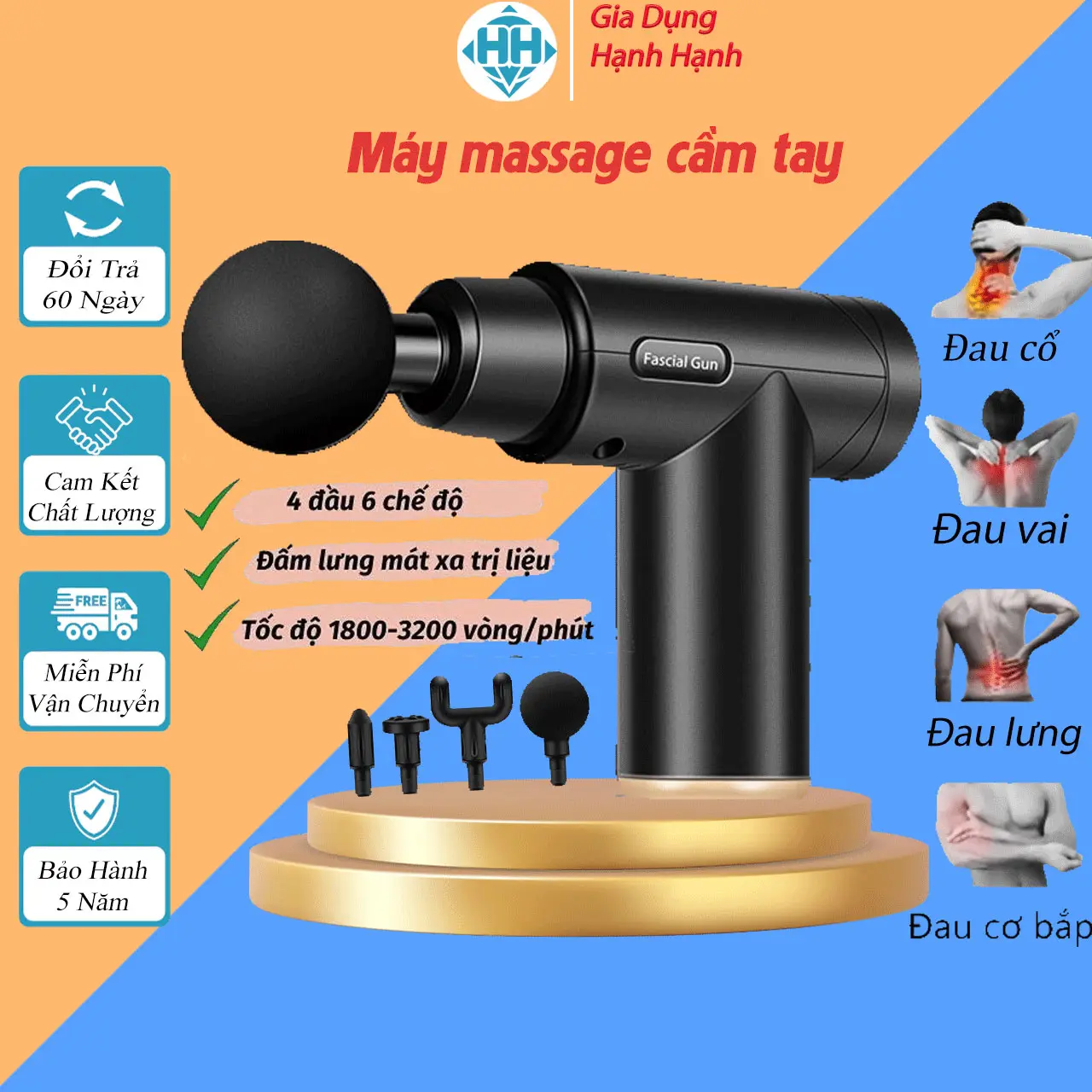 Máy massage cầm tay mini đấm lưng mát xa đau mỏi cổ vai gáy 4 đầu 6 chế độ bảo hành 6 tháng Máy massage cầm tay, trị liệu toàn thân,  Cấp Độ Chuyên Sâu