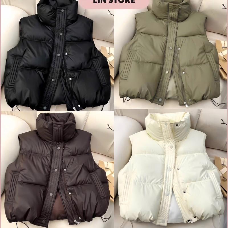 ￼Áo Phao DA Gile Nữ Dáng Ngắn Chất Da Có Túi 2 Bên Áo Khoác Phao Gile Nữ Cổ Cao Có Dây Rút Áo Gile Phao Trơn