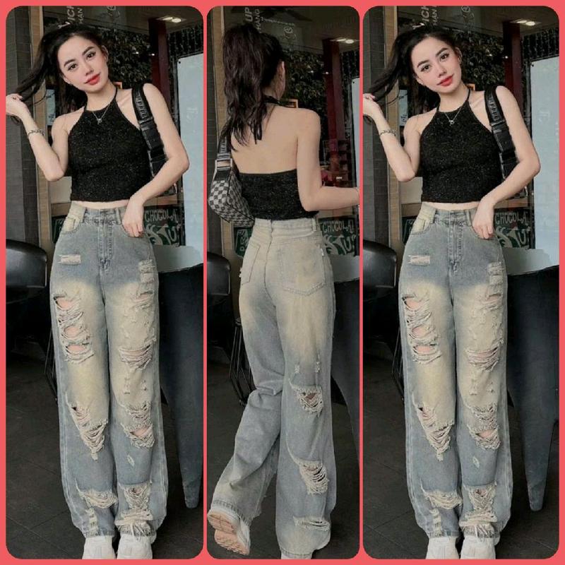   S-2XL  quần jean nữ lưng cao ống rộng suông dài 103cm rách tả tơi ,chất jean QC mềm không co dãn tông màu bụi ,wash retro style women pants quần jean bụi 5619,5728 5620 