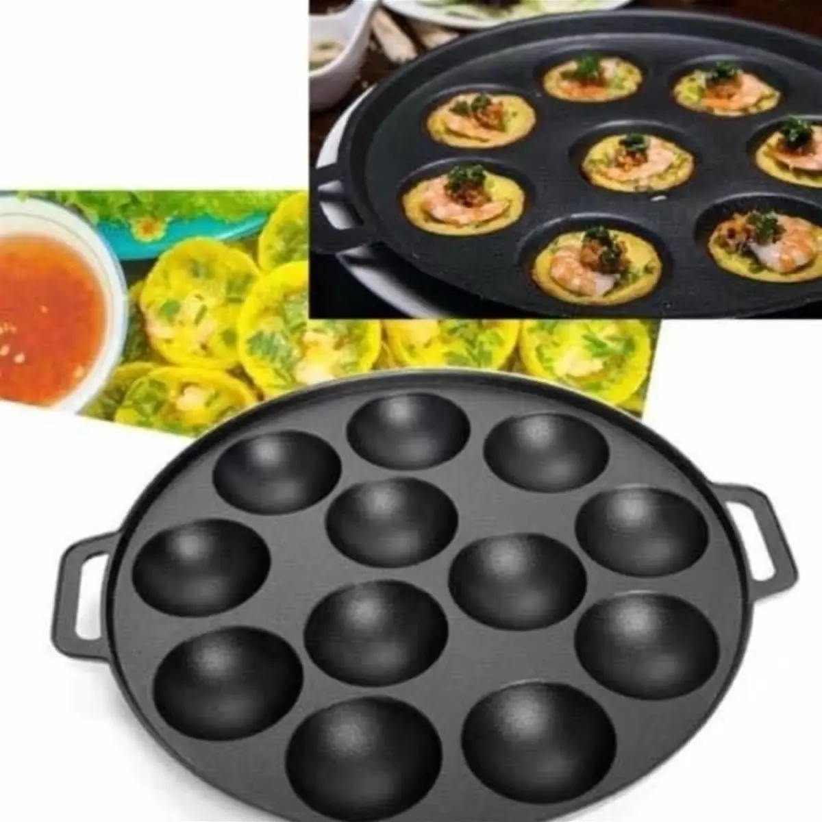 Khuân bánh khọt 12lỗ chống dính có quai hai bên tiện lợi su dụng cho bếp ga bếp than