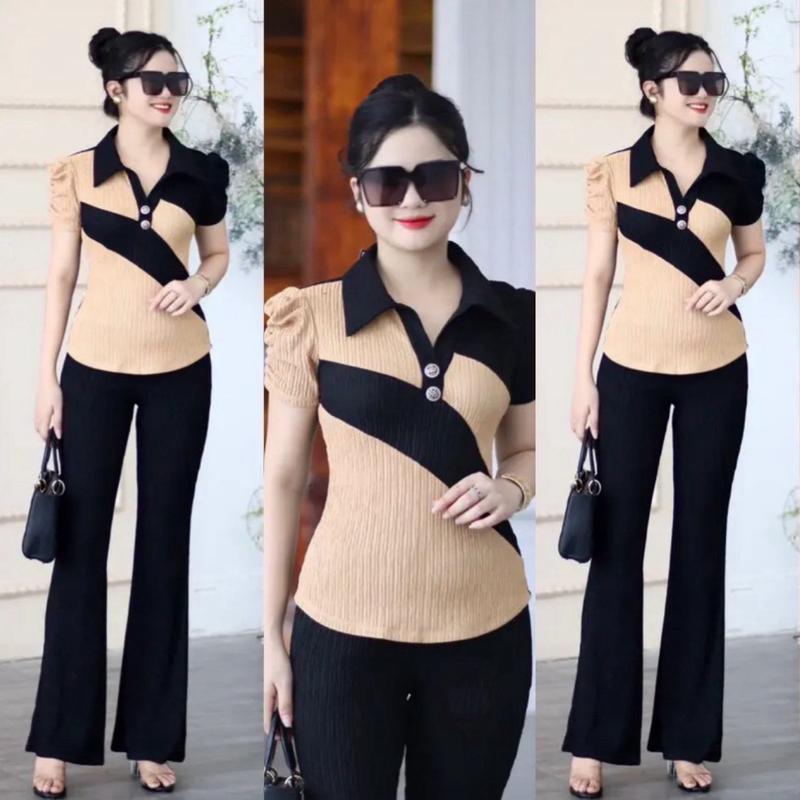 Mã H23 sét bộ xốp nhật quần ống pass đính nút cổ áo phối sọc Nữ có thể giặt máy 【m-s  bộ đồ nữ khủng long hồng