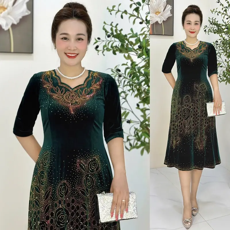 Đầm Trung Niên M678 Vải nhung tuyết co giãn size Từ 48-75kg ép đá dmc Ôm gọn Thanh lịch Dress Váy Nữ Tím Women Đỏ 1