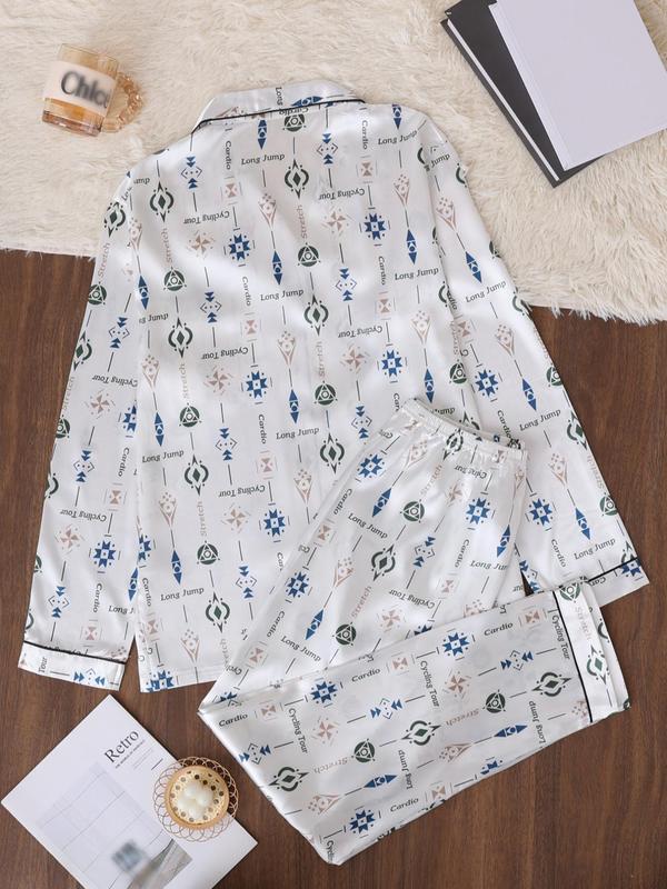 Two-Piece Set Men's All Over Print Contrast Binding Lapel Shirt & Elastic Waist Pants Satin Pyjama Set, Casual Comfy Long Sleeve Button Front Pocket Top & Trousers PJ Set, Men's Sleepwear for Spring & Fall 1