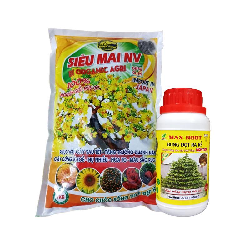 Combo phân bón phục hồi cây mai suy, chăm mai sau tết, bung chồi ra đọt, mập thân, giúp lá xanh bóng dày (phân hữu cơ mai vàng gói 1kg và chai bung đọt ra rễ max root 250ml)