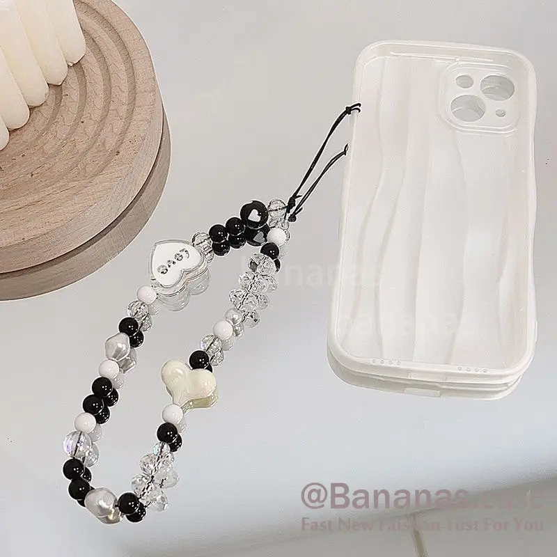 Dây Đeo buộc điện thoại, thiết kế trái tim đen trắng hoạt hình, dây buộc Airpods, dây buộc chìa khóa, đồ trang trí điện thoại, ngăn ngừa mất, ngăn ngừa rơi, phụ kiện điện thoại 3