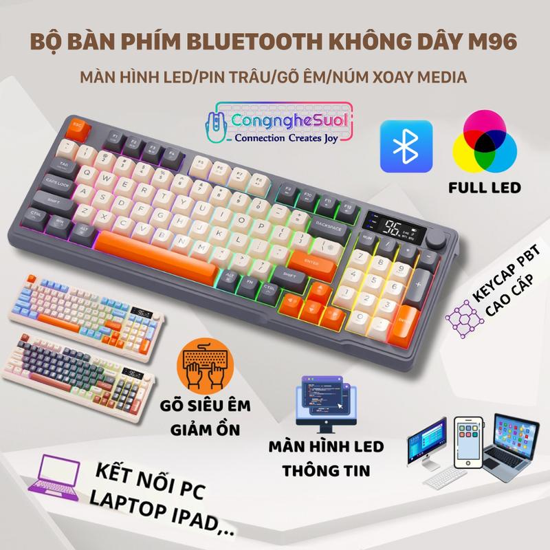 Bộ Bàn Phím Bluetooth Và USB 2.4G Không Dây M96 Màn Hình LED, Pin Trâu, Gõ Êm, Núm Xoay Media