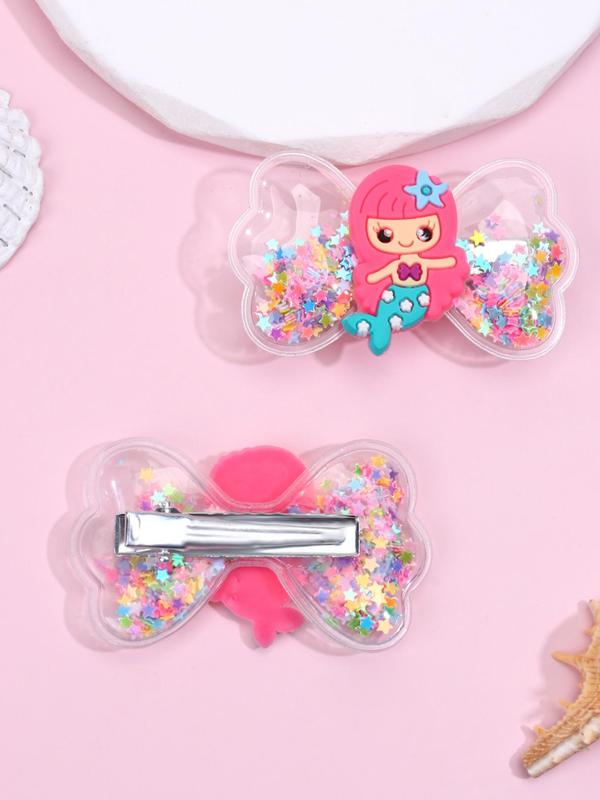 2pcs Cute Cartoon Mermaid Princess Design Hair Clip, Cute Bowknot Decor Hair Accessories For Girls, Quicksand Sequin Design Headwear 4