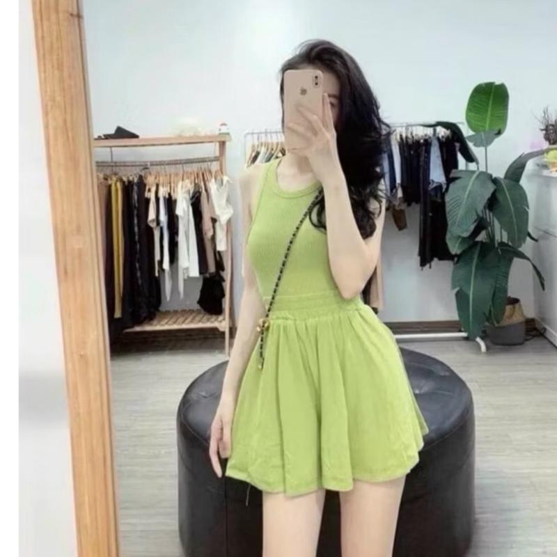 Sét bộ nữ áo thun 3 lỗ cổ tròn kèm quần đùi xoè cuốn biên vải thun tăm quảng châu size dưới 53kg mã hp66