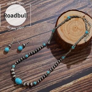 ROADBULL新しいしいボヘミアンスタイルのターコイズビーズネックレス,高級感のある天然石ペンダントイヤリング,レトロネックレスセット