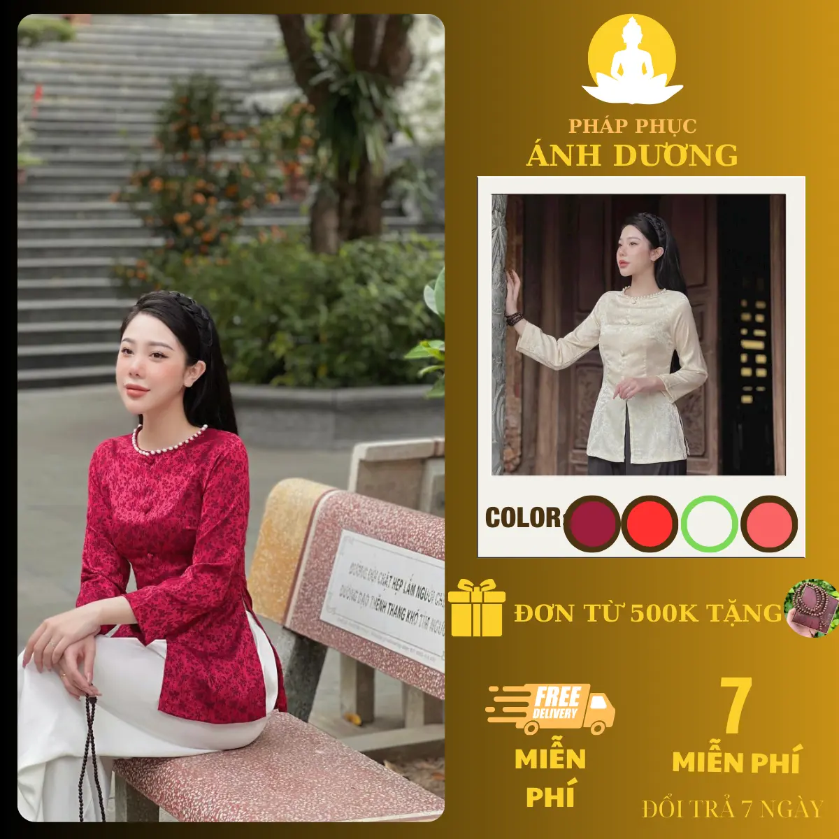 Bộ Đi Chùa, Bộ Áo Bà Ba Lụa Gấm Sen Cổ Ngọc,Mã P87
