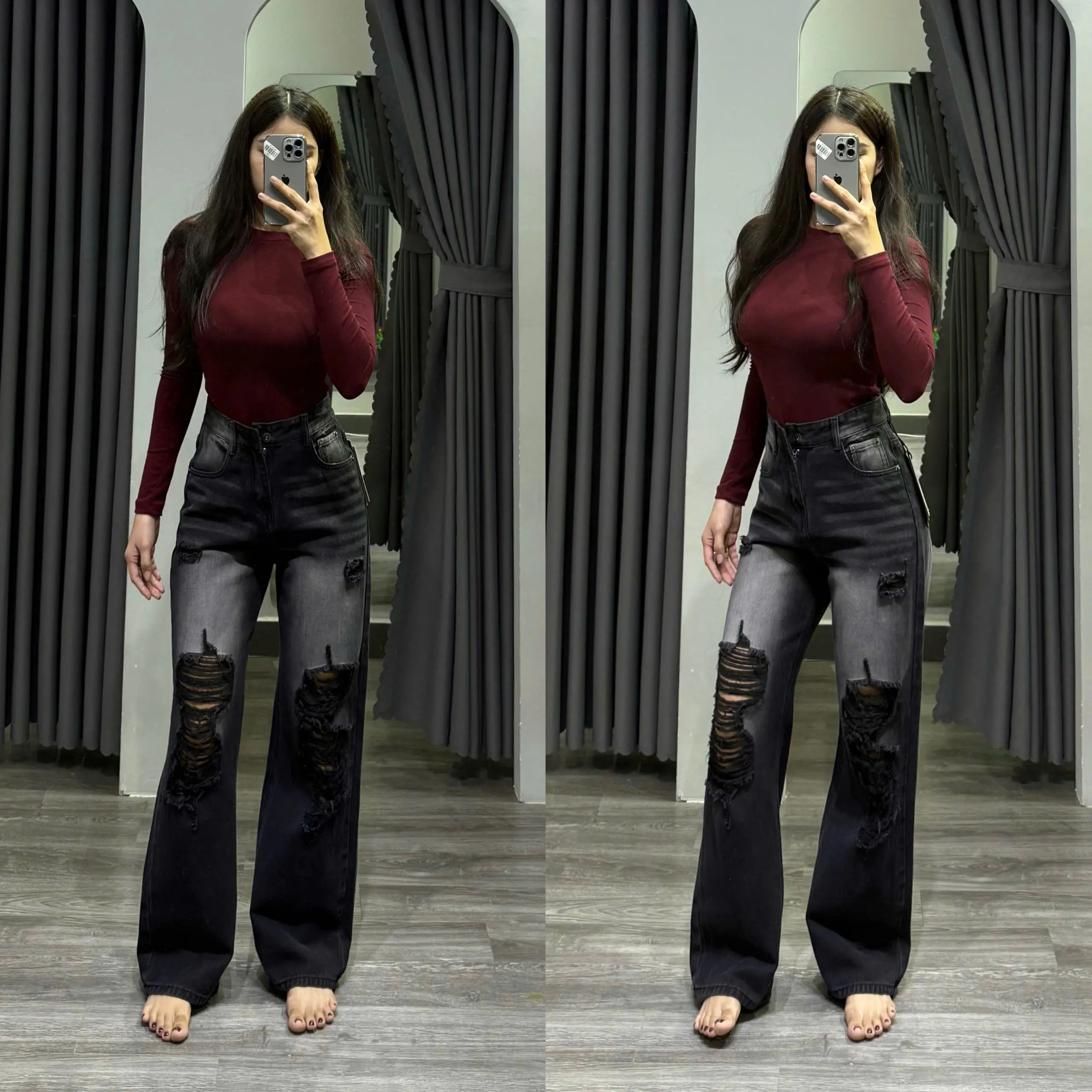 [NA NA Denim Fashion] N737 Quần Jean Suông Đen phối rách chất vải QC màu đen xám dài 105cm