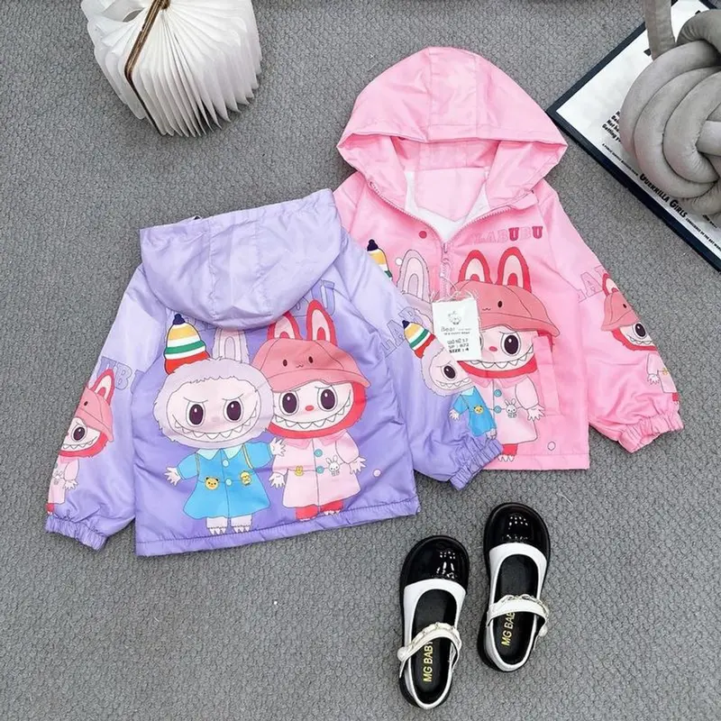 Áo Khoác Gió Labubu Cho Bé Gái 2 Lớp Lót Nỉ Có Mũ Size 13-23kg Ấm Áp Chống Nắng Chống Gió 6