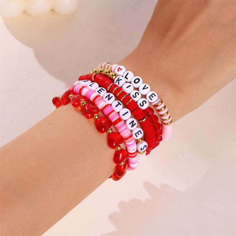 Product Introduction of Europe and America Cross Border Valentine's Day Bracelet Multi-Layer Twin Pink Love Pendant Bracelet Polymer Clay Beaded Stretch Bracelet 9