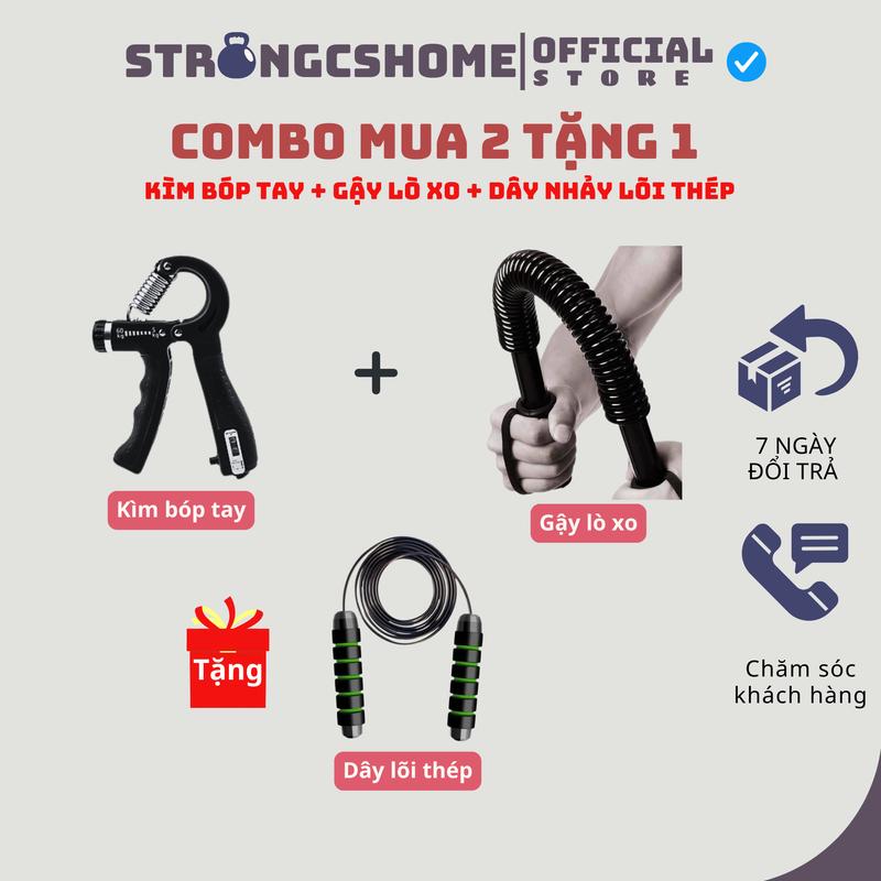  Combo gậy lò xo tập cơ tay và kìm bóp tay đếm số tặng dây nhảy lõi thép 