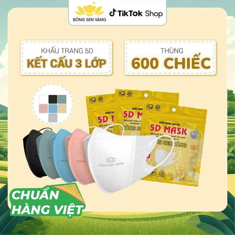 Thùng 600c Khẩu Trang 5D Bông Sen Vàng, nhiều màu sắc