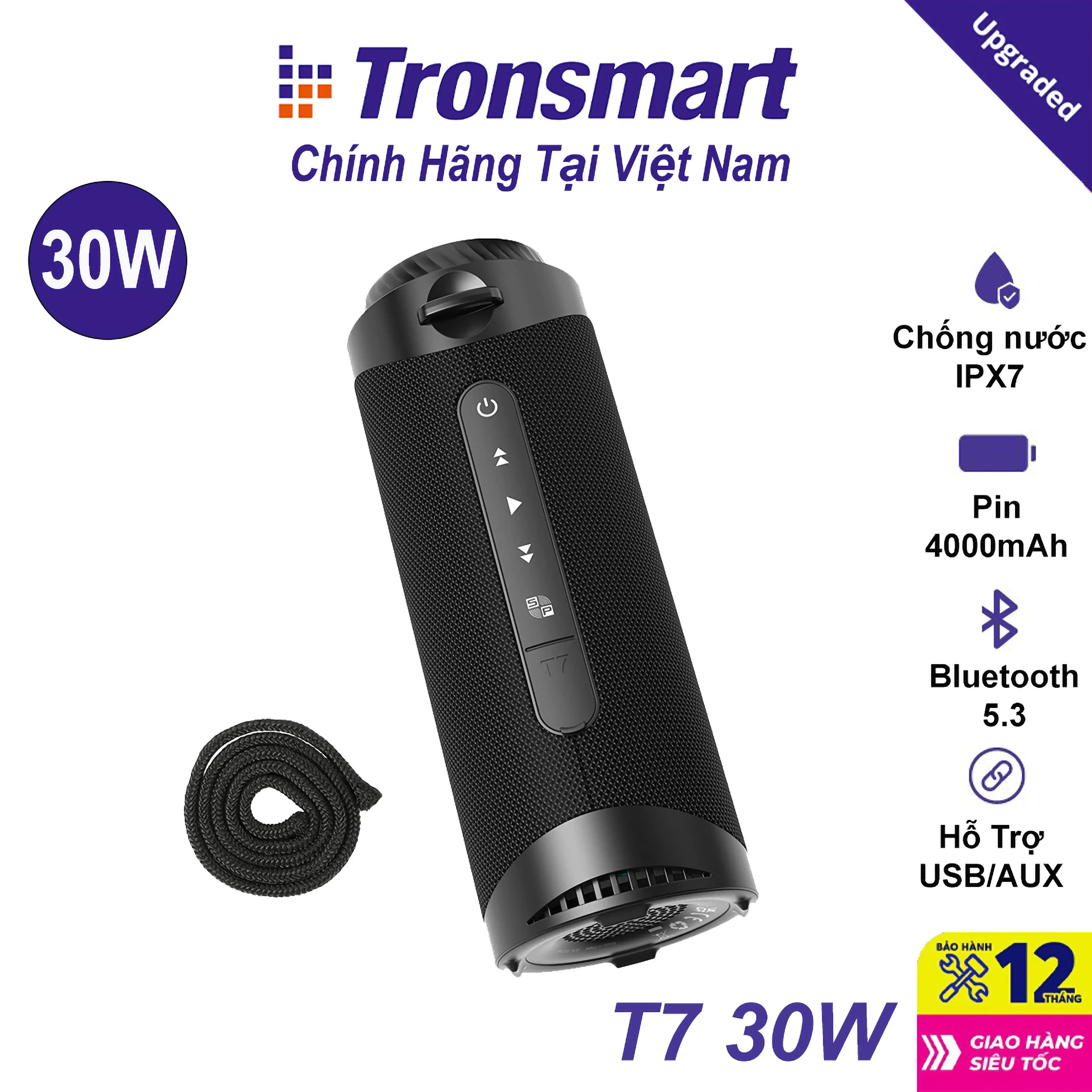 Loa Bluetooth Tronsmart T7 | Công suất 30W | Chống nước IPX7 | Âm thanh siêu trầm | Bảo hành chính hãng 12 tháng. loa bluetooth  đèn sóng nước Củ Loa Nghe Nhạc