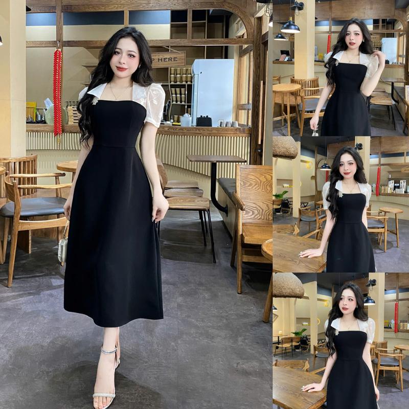 Váy Thiết Kế Evii V87 dành cho nữ Đầm thiết kế cổ vuông phối tơ nhăn thêu lá (tặng kèm tag cài) dáng A dài  phù hợp đi làm đi chơi và đi dự tiệc Có Bigsize Women Dress