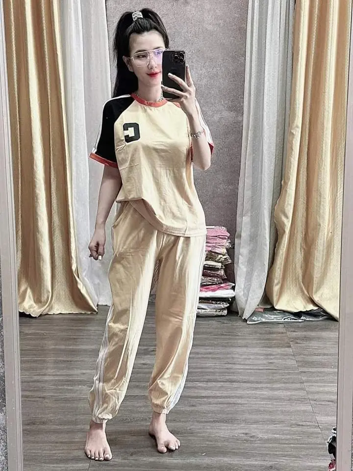 Set đồ bộ cotton quần bo chun - tay phối màu - logo thêu - sản phẩm y hình Nữ Áo Women