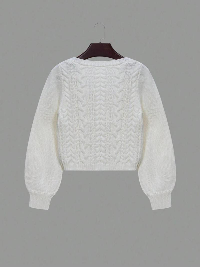 Product Introduction of 【Plus Size】 Solid Color Tie Front Lantern Sleeve Cardigan, Casual Long Sleeve Open Front Knitwear for Fall & Winter, Women's Plus Clothing for Daily Wear 10