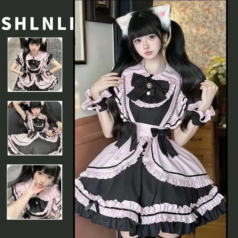 Summer Women's Cute Sweet Cat Maid Dress Black Pink Cosplay Lolita Dress Costume