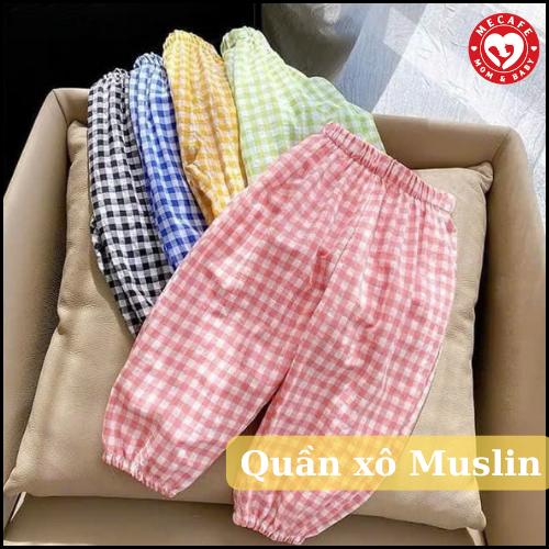 Quần dài cho bé gái chất liệu xô Muslin 2 lớp Quần chống muỗi cho bé Quần bomber Quần bo gấu cho bé trai bé gái